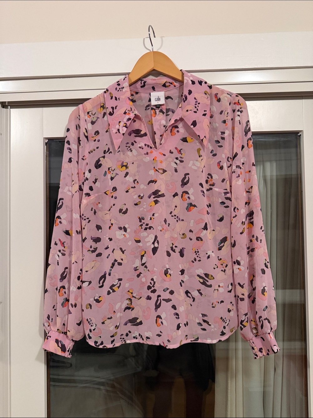 CAbi Pink Abstract-Print Long Sleeve Blouse